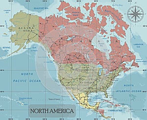 Detailed North America Political map in Mercator projection. Clearly labeled.