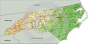 Detailed North Carolina physical map with labeling.