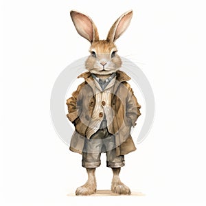Vintage Watercolored Rabbit With Coat And Trousers