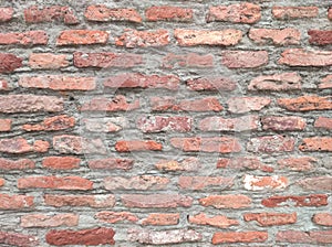 Detailed old red brick wall background texture.Old Red Brick Wall with Lots of Texture and Color.Rustic Old Brick Wall Texture.