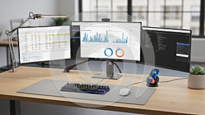 Modern workspace with multiple monitors and data analytics