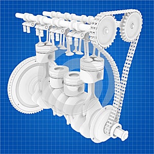 Detailed outlined car engine blueprint