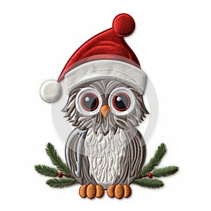 Detailed Owl Embroidery Design With Santa Hat photo