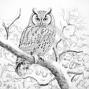 Detailed Owl Sketch: Black And White Line Drawing For Winter Coloring