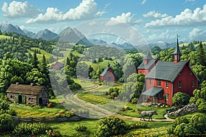 Detailed painting of a farmyard with a vibrant red barn surrounded by fields and livestock