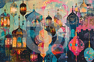 A detailed painting showcasing a city bustling with colorful lights and Arabi influences, An intricate collage of colorful photo