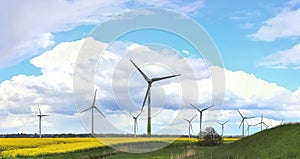 Detailed panorama of wind energy parks in northern germany close to the north sea