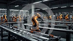 A detailed panoramic image of a futuristic, fully automated factory, showing robots in action