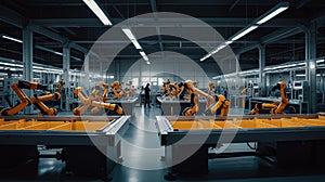 A detailed panoramic image of a futuristic, fully automated factory, showing robots in action