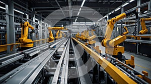 A detailed panoramic image of a futuristic, fully automated factory, showing robots in action