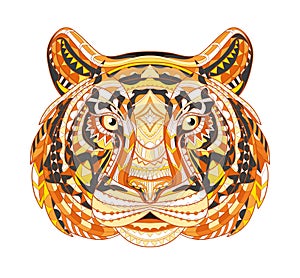 Detailed Patterned head of the tiger. African indian totem Ethnic tribal aztec design. On the grunge background. It may