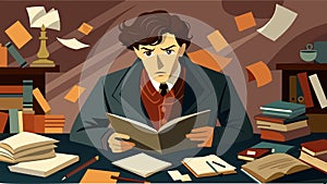 A detailed pen and ink drawing of a young fairhaired Sherlock Holmes intently studying clues surrounded by a chaotic photo