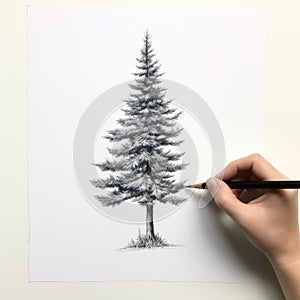 Detailed Pencil Drawing Of Evergreen Tree: Hyperrealistic Illustration