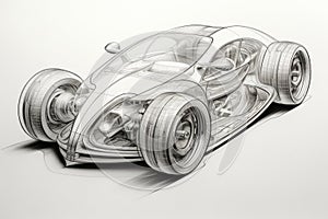 Detailed pencil drawing of a futuristic transparent car design on a white background