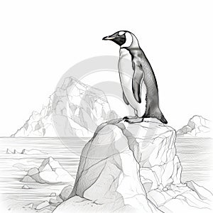 Detailed Pencil Drawing Of A Penguin On A Reef - Ink-wash Landscape Illustration