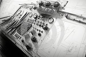 detailed pencil sketch of aircraft cockpit, with instruments and controls visible