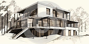 Detailed pencil sketch of modern suburban house. Abstract imaginary building concept. Generative AI