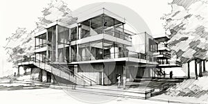 Detailed pencil sketch of modern suburban house. Abstract imaginary building concept. Generative AI