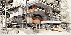 Detailed pencil sketch of modern suburban house. Abstract imaginary building concept. Generative AI