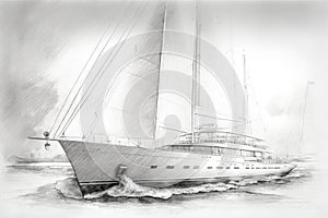 detailed pencil sketch of yacht with full and half hulls visible