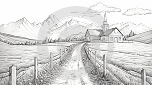 Detailed Penciling: A Noir Comic Art Of A Rural Road And Church