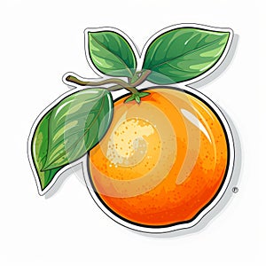 Detailed Penciling Orange Fruit Sticker With Leaves On White Background