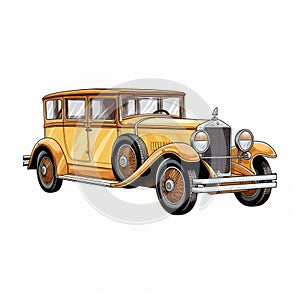 Detailed Penciling Of Vintage Yellow Car On White Background