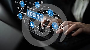 Close-Up of Hands Typing on Keyboard with Overlay Symbols and Text Representing Coding, Development, and Technology