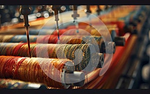 A detailed perspective of weaving spools lined with multicolored yarns, reflecting the beauty of textile production.