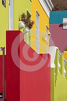 Detailed photo of houses in the Malay Quarter, Bo-Kaap, Cape Town, South Africa. Historical area of brightly painted houses