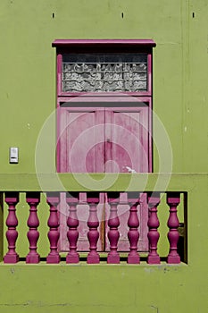 Detailed photo of houses in the Malay Quarter, Bo-Kaap, Cape Town, South Africa. Historical area of brightly painted houses