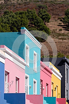 Detailed photo of houses in the Malay Quarter, Bo-Kaap, Cape Town, South Africa. Historical area of brightly painted houses