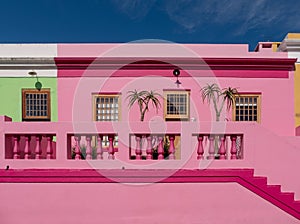 Detailed photo of houses in the Malay Quarter, Bo-Kaap, Cape Town, South Africa. Historical area of brightly painted houses