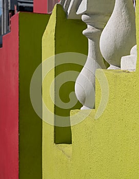 Detailed photo of houses in the Malay Quarter, Bo-Kaap, Cape Town, South Africa. Historical area of brightly painted houses