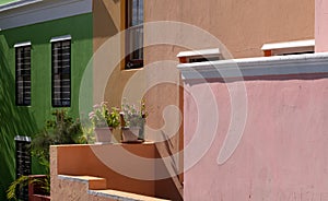 Detailed photo of houses in the Malay Quarter, Bo-Kaap, Cape Town, South Africa. Historical area of brightly painted houses