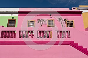 Detailed photo of houses in the Malay Quarter, Bo-Kaap, Cape Town, South Africa. Historical area of brightly painted houses