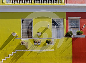 Detailed photo of houses in the Malay Quarter, Bo-Kaap, Cape Town, South Africa. Historical area of brightly painted houses