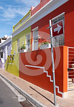 Detailed photo of houses in the Malay Quarter, Bo-Kaap, Cape Town, South Africa. Historical area of brightly painted houses