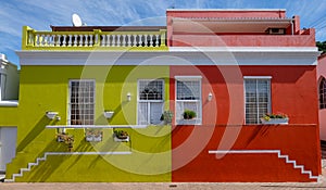 Detailed photo of houses in the Malay Quarter, Bo-Kaap, Cape Town, South Africa, historical area of brightly painted houses