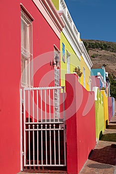 Detailed photo of houses in the Malay Quarter, Bo-Kaap, Cape Town, South Africa. Historical area of brightly painted houses.