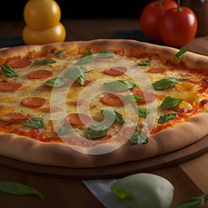 detailed photo of pizza on the wooden table close-up