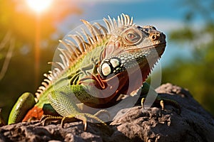 A detailed photograph capturing the close-up view of a lizard comfortably perched on a rock in its natural habitat, An iguana