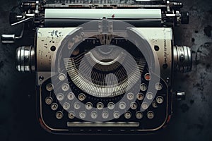 A detailed photograph capturing a close-up view of a vintage typewriter, Vintage typewriter header with old paper, showcasing