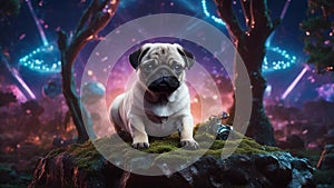 detailed photograph of Very cute sad looking pug puppy on a tree stump with space nebula background