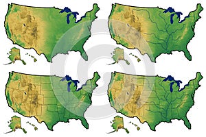 Four versions of physical map of United States photo