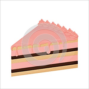 Detailed piece of cake glazed isolated on white background. Portion colorful object, clipart design element