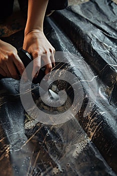 A detailed process of coating a fabric with a spray-on repellent, effectively creating a shield against water and dirt