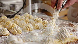 Detailed process of making Bigne di San Giuseppe, with focus on piping the cream into the pastry