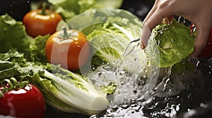 The Detailed Process of Washing Vegetables at the Sink, Ensuring Every Bite is Free from Contaminants and Full of Flavor.