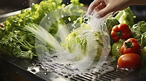 The Detailed Process of Washing Vegetables at the Sink, Ensuring Every Bite is Free from Contaminants and Full of Flavor.
